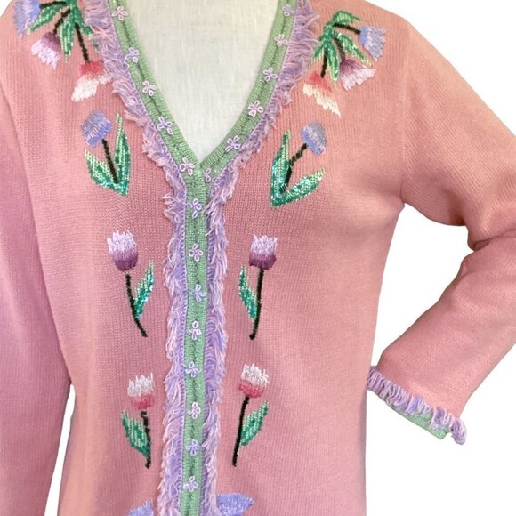 Storybook Knits Tulip Romance Cardigan Fringed Beaded Embroidered Sequins M 145L - Picture 4 of 9
